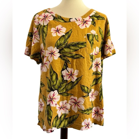 Van Heusen Mustard Yellow Floral Tropical Linen Blend Short Sleeve Top Size XL - Picture 1 of 12